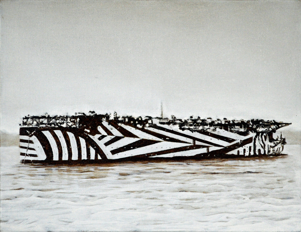 tableau représentant un bateau de guerre avec un camouflage dazzle-razzle