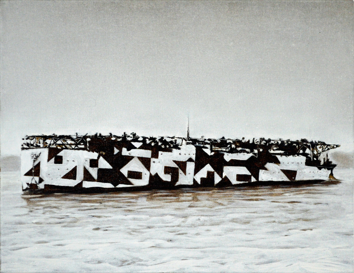 tableau représentant un bateau de guerre avec un camouflage dazzle-razzle