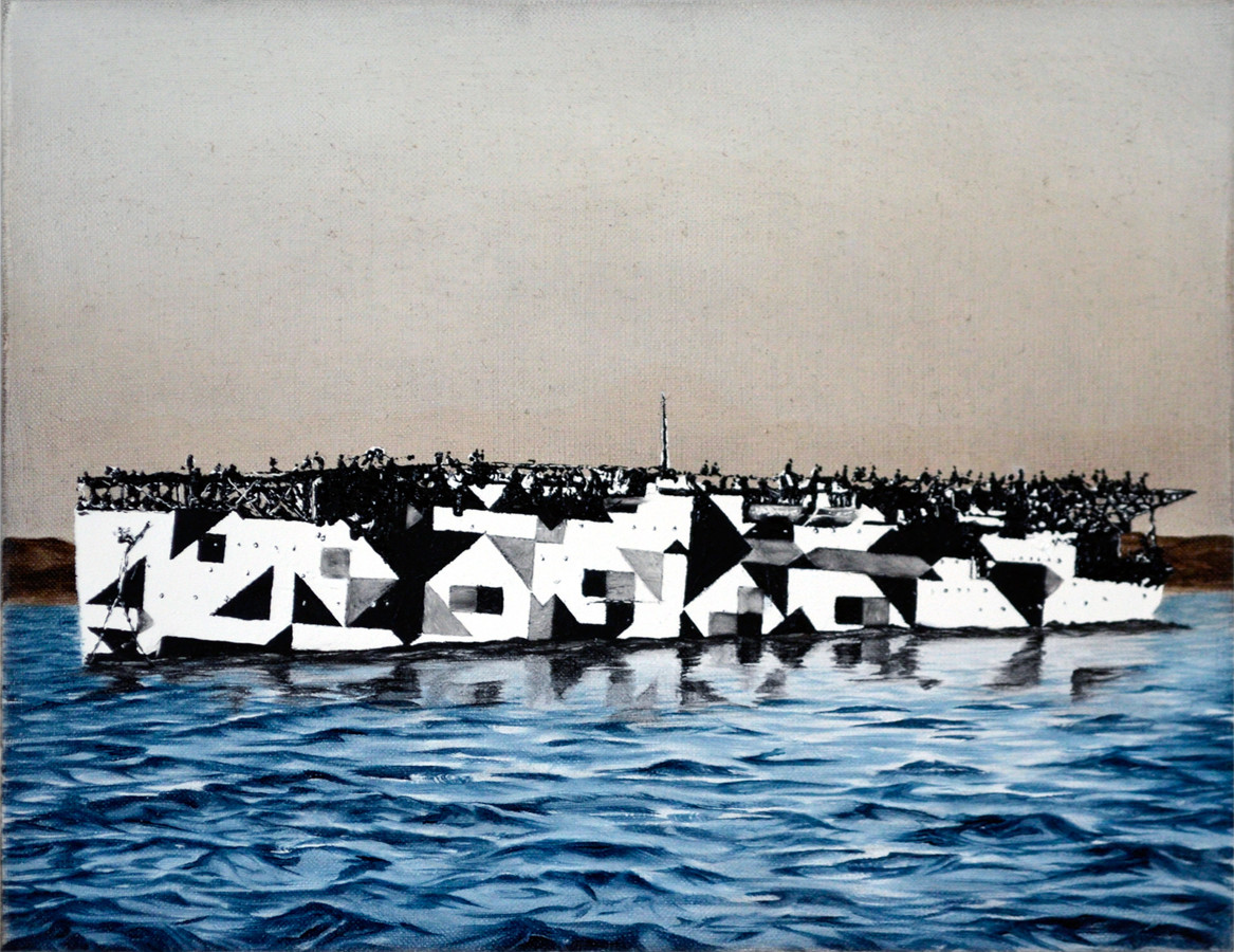 tableau représentant un bateau de guerre avec un camouflage dazzle-razzle