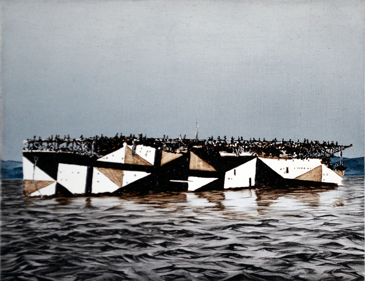 tableau représentant un bateau de guerre avec un camouflage dazzle-razzle